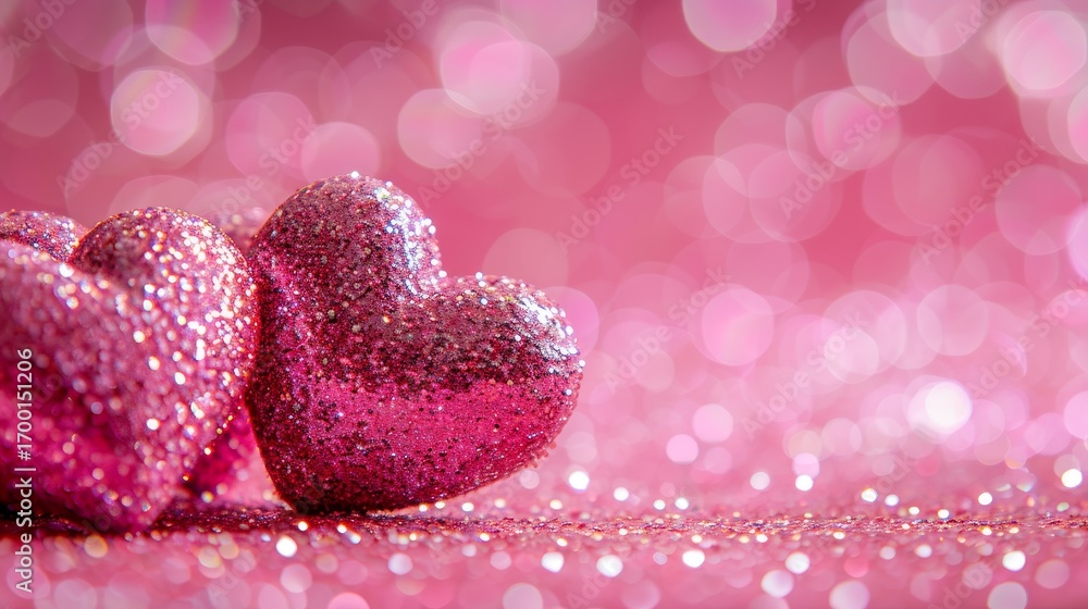 Obraz premium Macro close up of sparkling heart shaped candies on soft pink background with festive bokeh lights