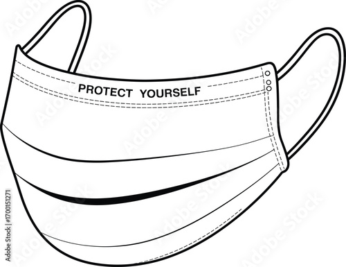 Protect yourself message printed on medical face mask illustration, black and white line art, health safety concept, personal protection, hygiene equipment