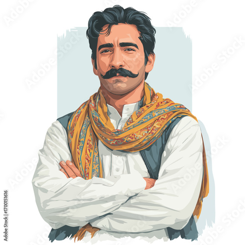 A man stands with arms crossed, wearing a traditional outfit and an ornate shawl. His confident expression reflects cultural heritage and pride in his identity.