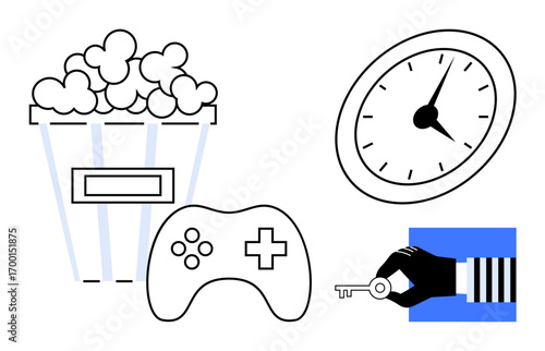 Popcorn bucket, analog clock, gaming controller, and hand holding a key in simple design. Ideal for time management, entertainment, leisure, gaming, cinema decision-making and unlocking potential