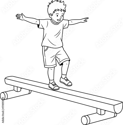Smiling boy balancing on wooden beam, outdoor playground activity for children, black and white cartoon illustration for coloring pages and educational use