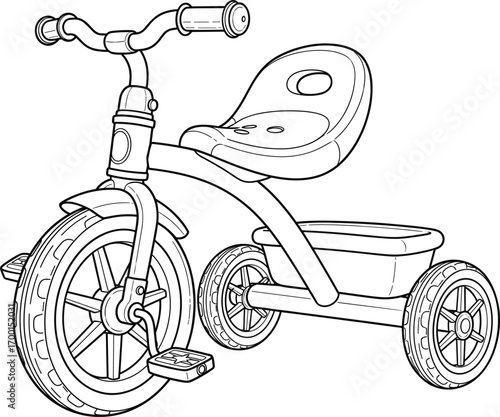 Line art tricycle for toddlers, three-wheel kids bike with pedals, cartoon style illustration for coloring books, educational materials, and children’s content