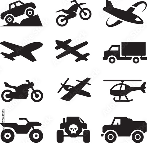 Black silhouette icons of various vehicles including cars trucks airplanes and motorcycles Keywords