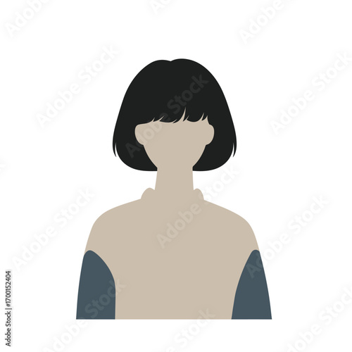A minimalistic representation of a person with short black hair, dressed in a cozy sweater featuring soft colors. The overall design emphasizes simplicity and elegance.