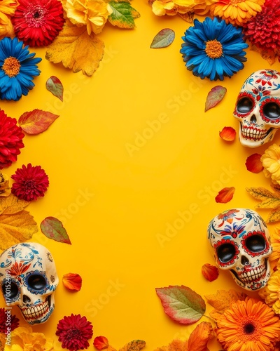 Beautiful Día de los Muertos skulls framed with marigold flowers arranged against yellow paper background