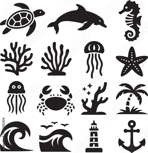Silhouette icons of sea turtle dolphin seahorse coral jellyfish starfish crab palm tree wave