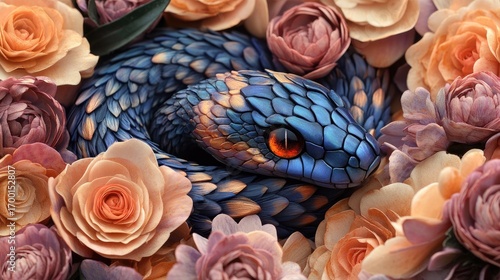 Snake coiled in a floral arrangement