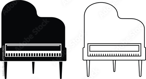 Black silhouette of upright piano icon set, isolated on transparent background. Graphic illustration. concept of musical instrument, classical music, piano recital, icon, logo, design element.
