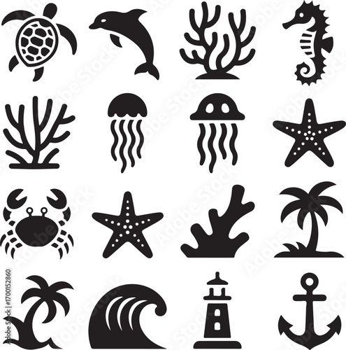 Set of black marine life and beach icons on white background Keywords: sea turtle, dolphin, coral
