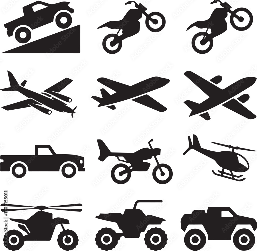 Naklejka premium Collection of black vehicle and transportation icons on white background Keywords: car, truck