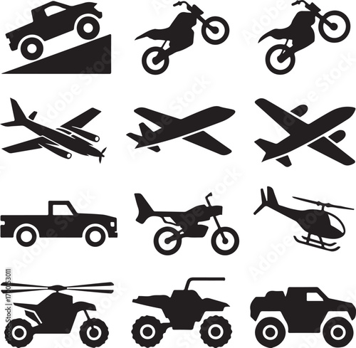 Collection of black vehicle and transportation icons on white background Keywords: car, truck