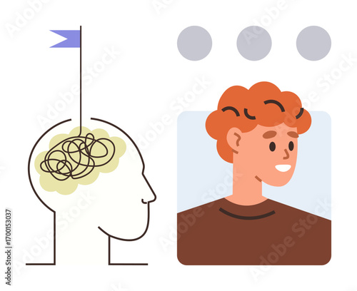 Abstract outline of a head with tangled lines inside and a flag, next to a smiling person. Ideal for psychology, mental health, self-awareness, decision-making, personal growth, positivity