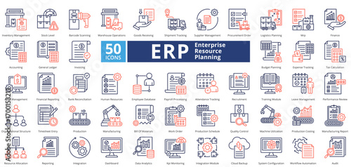 Enterprise Resource Planning dual tone style contains 50 icons including supplier management, procurement order, logistics, planning, mrp, finance , accounting simple vector 