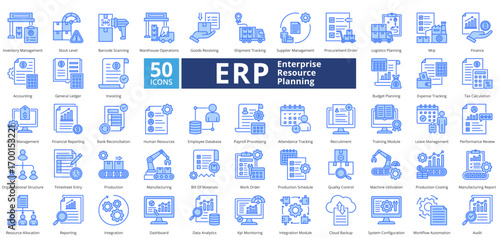 Enterprise Resource Planning blue style contains 50 icons including inventory management, stock level, barcode, warehouse operations, goods receiving, shipment tracking simple vector 