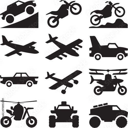 Assortment of black vehicle and transport icons on white background Keywords: car, truck
