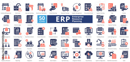Enterprise Resource Planning mixed duotone style contains 50 icons including reporting, integration, dashboard, data analytics, kpi monitoring, integration module simple vector 