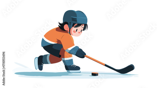 A young child dressed in orange and blue gear focuses intensely as they practice stickhandling with a hockey stick on a smooth surface.