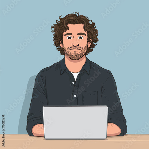 A young man with curly hair sits at a wooden desk, focused on his laptop. He appears engaged in a work-related task in a bright and casual environment.