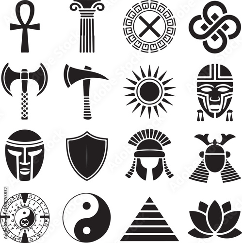 Collection of Ancient Symbols and Icons in Black Silhouette Keywords: ankh, egyptian cross, ionic