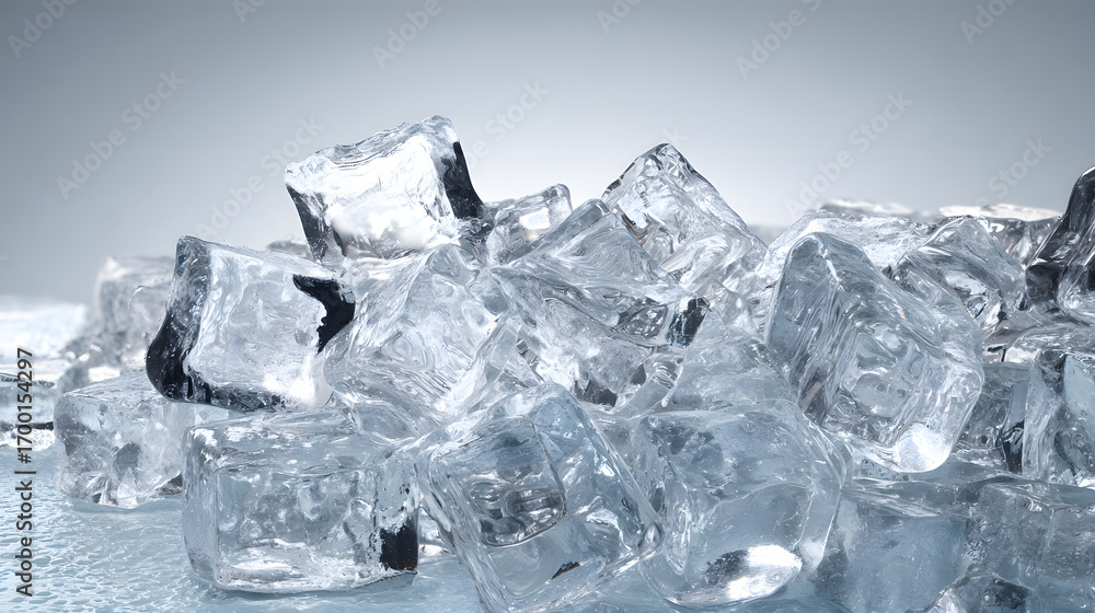 Obraz premium A detailed depiction of a pile of clear ice cubes showcasing intricate shapes and glistening surfaces.