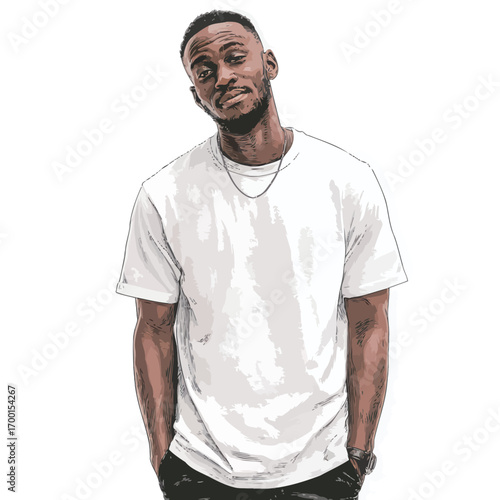 A young man stands with a relaxed posture, wearing a plain white shirt and black pants. His facial expression exudes confidence and ease, creating an inviting atmosphere.