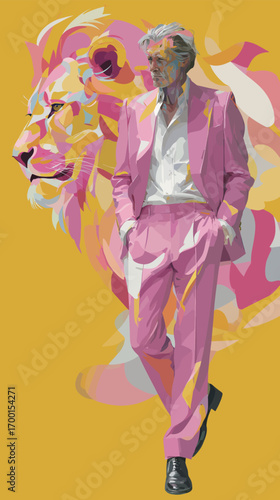 A stylish man dressed in a pink suit stands confidently with his hands in his pockets.