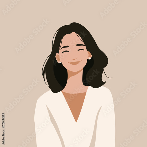 A young woman with long dark hair smiles warmly at the viewer. She is dressed in a light-colored outfit, exuding a friendly and approachable vibe.