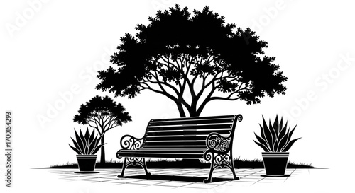 Monochrome silhouette of an ornate park bench under a large tree with potted plants. Serene outdoor garden vector illustration.
