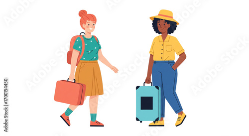 Diverse young women friends with luggage, ready for travel. Redhead with backpack, dark-skinned with hat and suitcase. Vector art.
