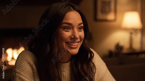 Wallpaper Mural A delightful young woman with flowing dark hair smiles warmly, exuding happiness and comfort in a beautifully lit, inviting indoor setting. Torontodigital.ca