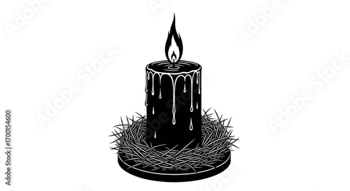 Black burning candle with dripping wax on thorny nest, isolated monochrome image for dark gothic Halloween themes.