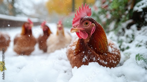 Snowy Chickens in a Winter Garden