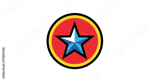 Vibrant blue and white gradient star with black outline centered in a bold red circle with a bright yellow outer ring emblem