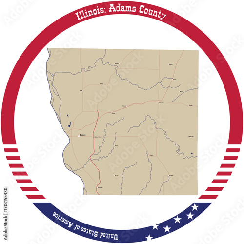 Map of Adams County in Illinois, USA arranged in a circle.