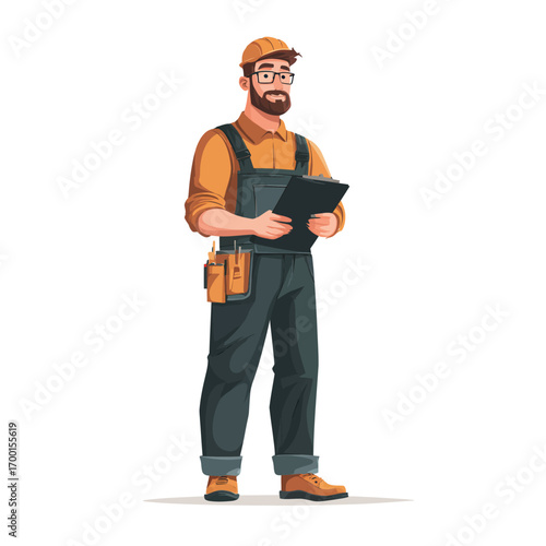 A construction worker stands confidently with a clipboard in hand, dressed in safety gear at a worksite. The individual wears a hard hat and sturdy clothing, ready for evaluation.