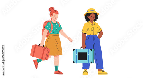Diverse women friends traveling with luggage and backpack. Happy female tourists walking for summer vacation. Modern flat vector art.