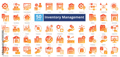Inventory Management glyph gradient style contains 50 icons including supplier, product, supply chain, value, damage, shopping, company, margin, industry, lifo 