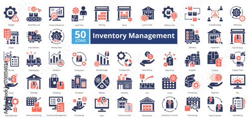 Inventory Management mixed duotone style contains 50 icons including demand planning, inventory management, danger, assembly line, product researc 