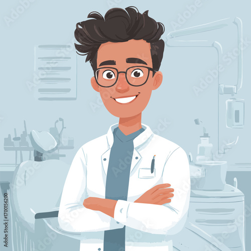 A young male dentist stands with arms crossed, smiling in a dental clinic. The clean, well-organized space features various dental tools and equipment in the background.