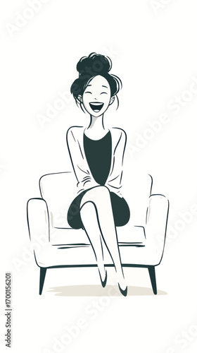 A cheerful woman poses comfortably on a stylish chair, showcasing her happiness. With a minimalist aesthetic, her smile radiates warmth and positivity in the setting.