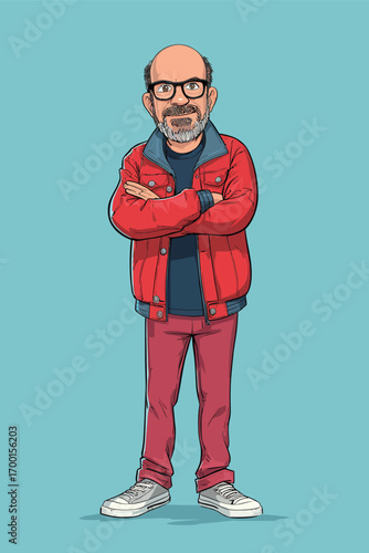 A cartoon character stands confidently with arms crossed, wearing a red jacket, dark shirt, and red pants. The light blue background enhances the vibrant colors of the outfit.