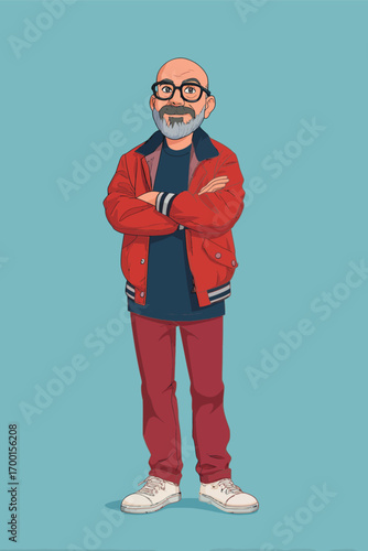 A cartoon character stands with arms crossed, wearing a red jacket, blue shirt, and red pants, showcasing a confident expression with a light blue background.