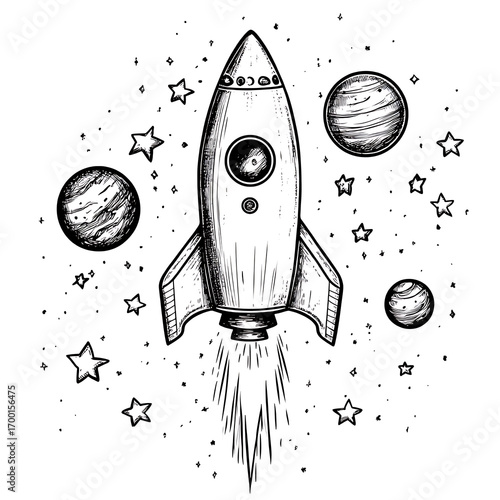 Rocket flying through outer space with stars and planets around
