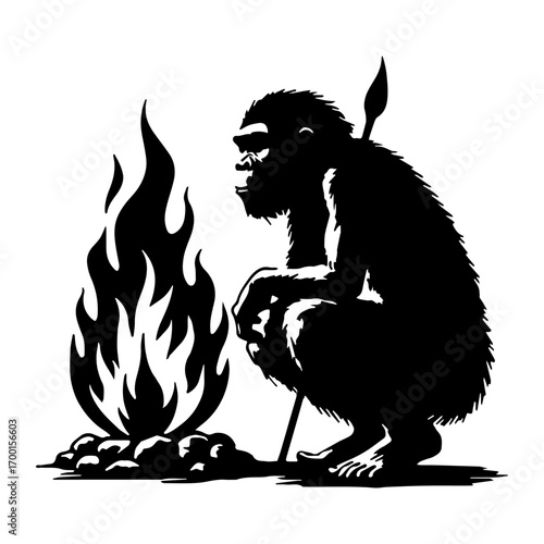 Neanderthal crouching near flame