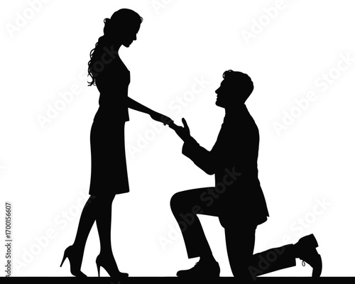 Romantic silhouette vector art illustration of marriage proposal scene scalable eps file silhouette vector illustration white background
