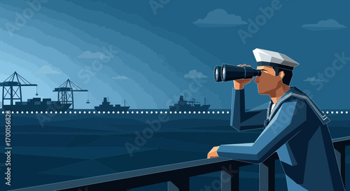 A Sailor on Watch: Illustrated Maritime Scene with Binoculars and Distant Ships featuring a sailor