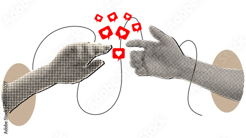 Trendy halftone collage  online communication congratulating each other mutual sympathy,social media communication concept