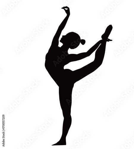 A skilled dancer showcases flexibility and grace by executing a high leg extension. The performance highlights the dancers form against a contrasting background.