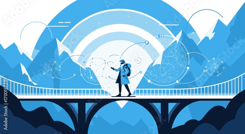 A futuristic traveler crossing bridge with mountains and technology elements background art