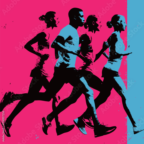 Four individuals run side by side, showcasing determination and energy. The vivid pink backdrop enhances their athletic movement, emphasizing fitness.